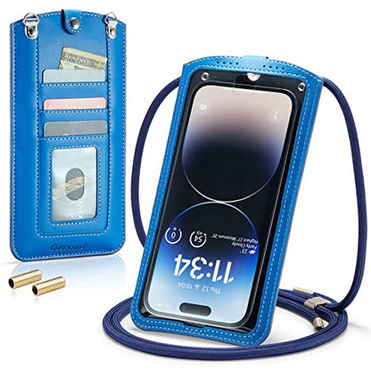Small Crossbody Bag Cell Phone Purse for Women Men Leather Mini Shoulder Bag Wallet Case with Card Holder Slot Necklace Lanyard for All Phones iPhone Samsung Google up to 7.3" Blue - color: Blue