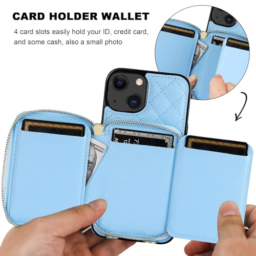 Bocasal Crossbody Wallet Case Card Holder for iPhone 13, Light Blue | RFID Blocking PU Leather Zipper Handbag Purse, Kickstand Flip Folio Case with Card Slots Holder Wrist Strap Lanyard 6.1 Inch - color: Blue