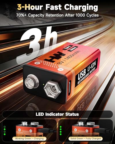 HW 9 Volt Battery 1400mAh 8 Pack, USB-C Lithium for Guitar Pedals - size: 8-Pack