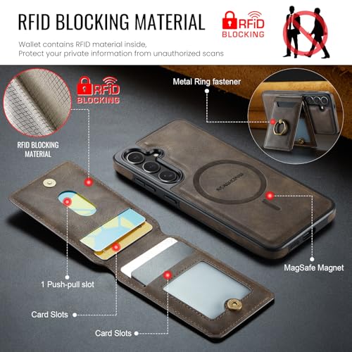 for Samsung Galaxy S26 2 in 1 Detachable Card Bag Wallet Case Durable Leather Wallets Magnetic Card Holder 4 Card Slots Ring Stand RFID Blocking Coffee - color: Coffee, size: Samsung Galaxy S26