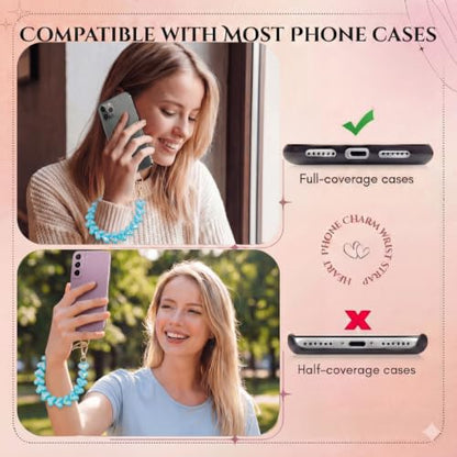Heart Beaded Phone Wristlet | Phone Wrist Strap With Tether Tab | Cute Accessory for Phone, AirPods, Bag, Keys, Camera - color: Seafoam Blue