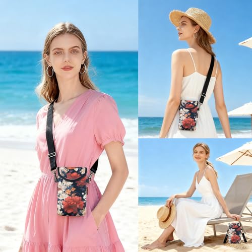 Neoprene Phone Sleeve Pouch Case Bag for Men Women w/Crossbody Strap/Neck Lanyard for iPhone 17/16/15/14 Pro Max, Samsung S25，Pixel 10 - color: Peony and Daisy on Black