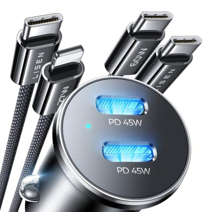LISEN 90W Car Charger USB C Fast Charge,USB C Car Charger for iPhone 18 Pro - color: Black, size: w/ L+C Cables
