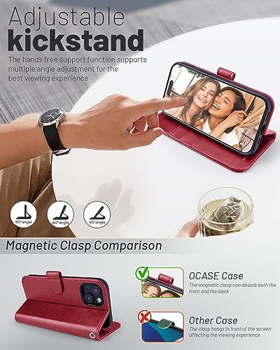 OCASE Compatible with iPhone 15 Wallet Case, PU Leather Flip Folio Case with Card Holders RFID Blocking Kickstand [Shockproof TPU Inner Shell] Phone Cover 6.1 Inch 2023, Red - color: Red