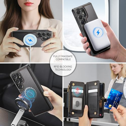 Defencase for Galaxy S22 Ultra Case Wallet Compatible with Magsafe, Black | Magnetic Detachable, RFID Bolcking Card Holder, Zipper Strap, PU Leather Drop-Proof Phone Cover for Samsung Galaxy S22 Ultra - color: (Detachable with Magsafe)-Black