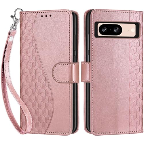 Wallet Case for Google Pixel 8, Rose Gold | Women Flip Folio Cover, Embossed PU Leather, Stand, Credit Card Holders Slots, Wrist Strap - color: 4