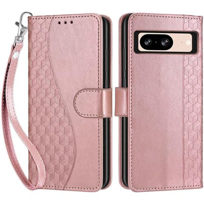 Wallet Case for Google Pixel 8, Rose Gold | Women Flip Folio Cover, Embossed PU Leather, Stand, Credit Card Holders Slots, Wrist Strap - color: 4