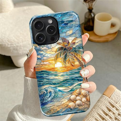 Case for iPhone 16 Pro, Dual Layer Phone Cover, Stained Glass Beach Palm - color: Stained Glass Beach Palm, size: Iphone 16 Pro