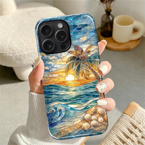 Case for iPhone 16 Pro, Dual Layer Phone Cover, Stained Glass Beach Palm - color: Stained Glass Beach Palm, size: Iphone 16 Pro