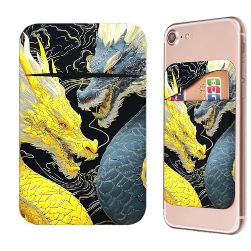 Phone Credit Card Holder Stick on, Cell Phone Pocket Self Adhesive Stretchy Stick on Wallet ID Credit Card Case Pouch Sleeve with Flap for All Smartphones, Gray-Yellow Dragon - color: Gray-Yellow Dragon