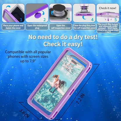 Waterproof Phone Pouch with Lanyard, 7.5'' Floating IPX8 - Purple | Dry Bag for Snorkeling & Diving, Underwater HD Photo & Video Touchscreen, Fits iPhone 17/16/15 Pro Max Galaxy S25 All Phones - color: Purple