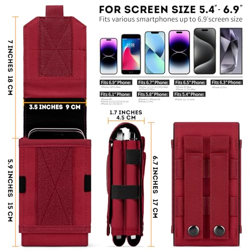 Dual Tactical Phone Pouch Molle Phone Holster Double Capacity Holder Universal Utility EDC Pouch for iPhone 17 Pro Max/17 Pro/16 Pro Max/16 Pro/15 Pro Max/15 - color: Red
