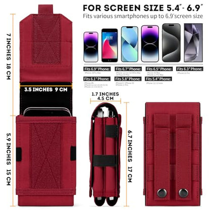 Dual Tactical Phone Pouch Molle Phone Holster Double Capacity Holder Universal Utility EDC Pouch for iPhone 17 Pro Max/17 Pro/16 Pro Max/16 Pro/15 Pro Max/15 - color: Red