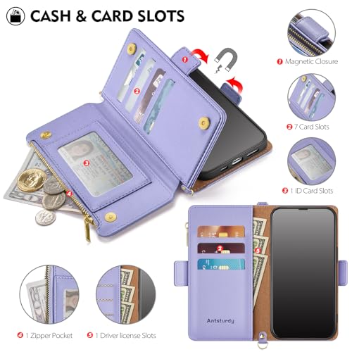 Antsturdy Crossbody Phone Wallet Case for iPhone 14 Plus,Light Purple | RFID Blocking,PU Leather Flip Cover,Kickstand,with Credit Card Holder,Wrist Strap Lanyard & Handbag Purse,for Women & Men - color: (Crossbody) - Light Purple