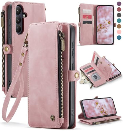 Defencase for Samsung Galaxy S26 Wallet Case with RFID Card Holder, Pink | Durable Soft PU Leather, with Zipper Pocket, Wrist Strap, Fashion Snap Flip S26 Phone Cases Cover with Stand for Women Men - color: Rose Pink