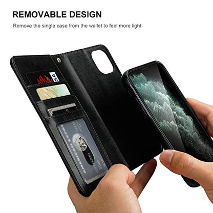 Bocasal Detachable Wallet Case Card Holder for iPhone 11, Black | Kickstand Card Slots Holder PU Leather Magnetic Shockproof Wrist Strap Removable Flip Protective Cover 6.1 inch - color: Black