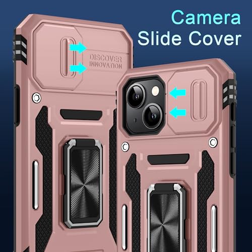 DEERLAMN Case for iPhone 15 with Slide Camera Cover + Screen Protector (2 Packs), Rotated Ring Kickstand Military Grade Shockproof Protective Cover-Rose Gold - color: Rose Gold