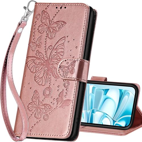 for iPhone 16 Wallet case, Rose Gold-Butterfly | 3 Card Holders, Kickstand, Shockproof TPU Shell, PU Leather, Magnetic Closure, Protective Flip Folio Cover, Women - color: 6