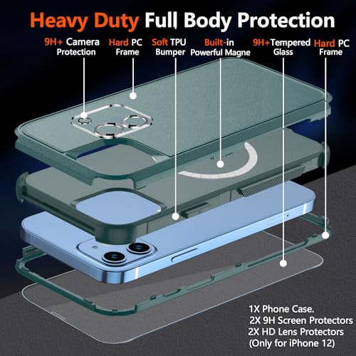 Diverbox for iPhone 12 case,iPhone 12 Magnetic case [with Screen Protector Camera Lens Protector ] 2 Pack [15 FT Military Grade Drop Protection] Heavy Duty Shockproof Phone Case (Dark Green) - color: Magnetic Dark Green