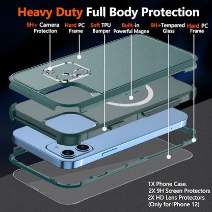 Diverbox for iPhone 12 case,iPhone 12 Magnetic case [with Screen Protector Camera Lens Protector ] 2 Pack [15 FT Military Grade Drop Protection] Heavy Duty Shockproof Phone Case (Dark Green) - color: Magnetic Dark Green