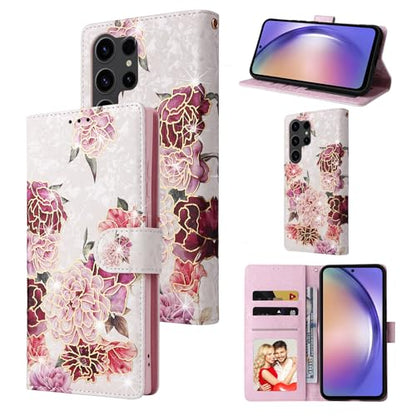 UEEBAI Wallet Case for Samsung Galaxy S23 Ultra 5G, PU Leather Phone Case Kickstand RFID Blocking Flip Case with Card Slots Wrist Strap Relief Engraved Magnetic Closure Folio Case - White Flower - color: White Flower, size: Samsung Galaxy S23 Ultra 5G