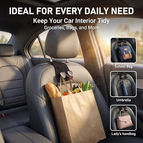 2 PCS Car Seat Headrest Hook, Suede Heart Shape Metal Double Hook, Foldable Car Purse Hook with Phone Holder, Universal for Most Cars, Trucks, SUVs (Black) 中文：