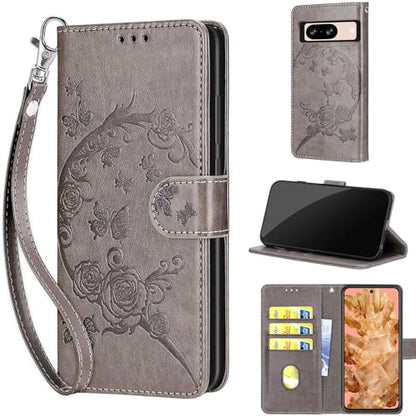 Wallet Case for Google Pixel 8, Gray Flower | Women Flip Folio Cover, Embossed PU Leather, Stand, Credit Card Holders Slots, Wrist Strap - color: 6