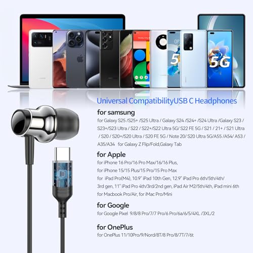 USB C Headphones Wired Earbuds for Samsung Galaxy S26 S25 S24 A57 iPhone 17 - color: Black