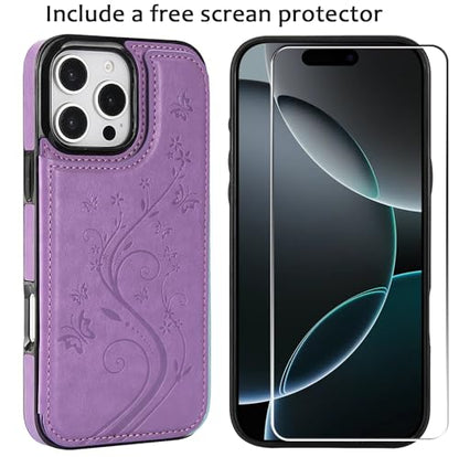 Wallet Case for iPhone 16 Plus,Slim Protective case with Card Holder,Embossed Butterfly Premium PU Leather Kickstand Case with 1 Screen Protective Glass Cover 6.7"-Purple - color: Purple-F, size: iphone 16 Plus 6.7"