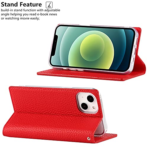 iCoverCase Compatible with iPhone 13 Wallet Case, RFID Blocking Genuine Leather Magnetic Case with Wrist Strap and Card Slots Kickstand Feature Flip Cover 6.1 Inch (Red) - color: Red, size: iPhone 13