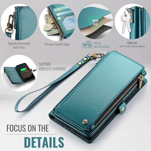Defencase for Samsung Galaxy S25 Wallet Case with RFID Card Holder, Green | Durable Soft PU Leather, with Zipper Pocket, Wrist Strap, Fashion Snap Flip S25 Phone Cases Cover with Stand for Women Men - color: Blue Green
