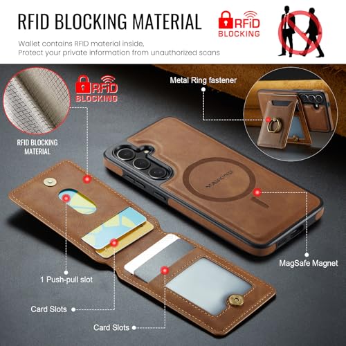 for Samsung Galaxy S26 Plus 2 in 1 Detachable Card Bag Wallet Case Durable Leather Wallets Magnetic Card Holder 4 Card Slots Ring Stand RFID Blocking Brown - color: Brown, size: Samsung Galaxy S26 Plus