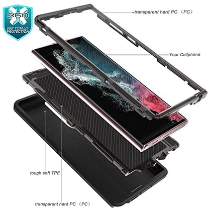YmhxcY for S22 Ultra Case, Drop Proof 3-Layer Durable Cover/Shockproof Armor Drop Protection/Solid Rubber Protective Matte Cover for Galaxy S22 Ultra 6.8”-Black - color: Black