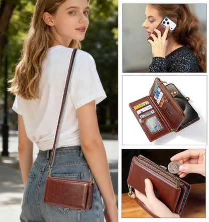 for iPhone 17 Pro Wallet Case, [Compatible with Magsafe] [Magnetic Detachable] [RFID Blocking] PU Leather Case with Card Holder & Crossbody Strap for Women Men, Brown - color: Brown