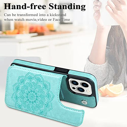 MMHUO iPhone 15 Pro Wallet Case With Card Holder, Flower Magnetic Back Flip Protective Case for Women, Mint - color: Mint, size: Iphone 15 Pro 6.1"-(S)(Three Cameras)