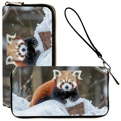 Ladies Wallet,Clutch Purses for Women Wallets Leather Credit Card Holder for Women Wristlet Slim Small Cute with Zipper,Thin RFID Blocking with Wrist Strap,Cute Raccoon Snow - color: Cute Raccoon Snow