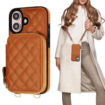Bocasal Crossbody Wallet Case Card Holder for iPhone 16, Brown | RFID Blocking PU Leather Zipper Handbag Purse, Kickstand Flip Folio Case with Card Slots Holder Wrist Strap Lanyard 6.1 Inch - color: Brown
