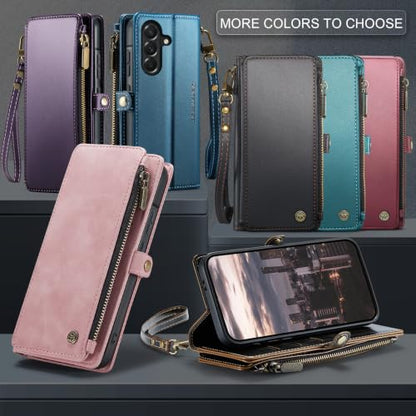 Defencase for Samsung Galaxy A37 5G Wallet Case with Card Holder, Rose Pink | RFID Blocking, Zipper Pocket, Durable PU Leather, Wrist Strap, Fashion Snap Flip Phone Cases Cover with Stand for Women Men - color: Pink