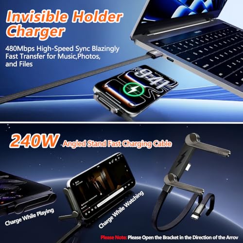 2PCS Sideways Phone Charger with 5PCS Silicone Cable Ties, 240W Invisible Stand Charging Cable with 360° Adjustable Metal Stand，Fast Charging Cord with Built-in Phone Stand for Smartphones Tablets
