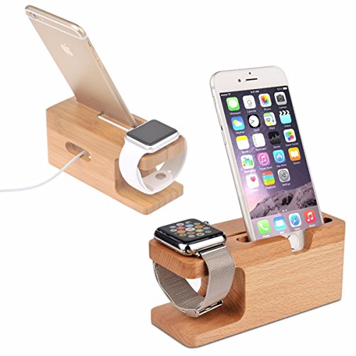 Bamboo Wood Desktop Charging Dock Station Charger Holder Cradle Charge Stand Compatible with iPhone 16 15 14 13 12 11 Pro Max XR XS Max X 8 Plus iWatch 2 3 4 Samsung LG HTC Smartphones - color: 2 in 1 Charger Stand
