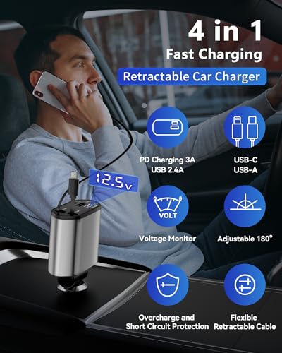 Retractable Car Charger, 4 in 1 Fast Charging Car Charger - color: grey(standard gray)