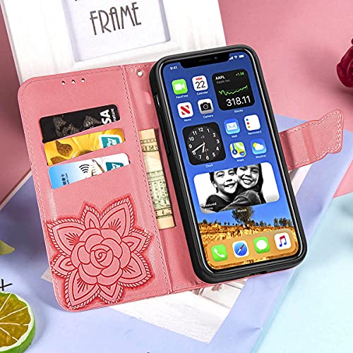 for iPhone 12 Pro/iPhone 12 Wallet Case,Women Flip Folio Cover with Butterfly Embossed PU Leather Kickstand Credit Card Holder Slots Wrist Strap for iPhone 12/12 Pro 6.1 inch (Pink) - color: Pink