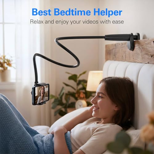 MAGIPEA Gooseneck Phone Holder for Bed, 30in Flexible Overhead Cell Phone Mount for Desk, Hands-Free Viewing Clamp Stand Compatible with iPhone 17 16 15 Pro Max and 3.5-7" Devices - color: Black