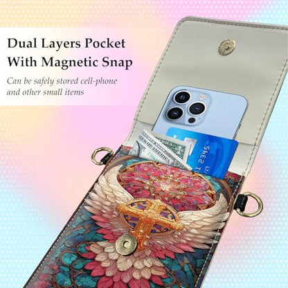 Small Crossbody Bags for Women Touchscreen Cell Phone Bag Cross Body Purses with adjustable Strap,Gifts For Teenage Girls - color: Stained Glass Wings Cross