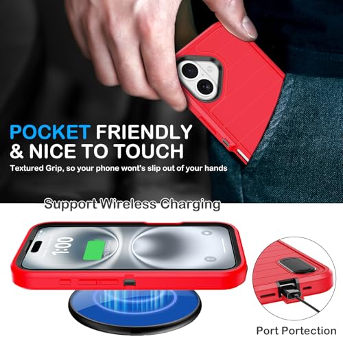 for iPhone 16 Case with Screen Protector, Heavy Duty Shockproof Drop Protection Military Grade Tri-Layer Full Covered Rugged Durable Cell Phone Cover with Built-in Invisible Kickstand 6.1“ (Red) - color: Red