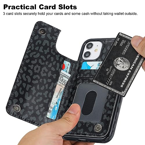HAOPINSH for 11 Wallet Case with Card Holder, Black Leopard Cheetah Pattern Back Flip Folio PU Leather Kickstand Card Slots Case for Women Girls, Double Magnetic Clasp Shockproof Cover 6.1" - color: Black Leopard