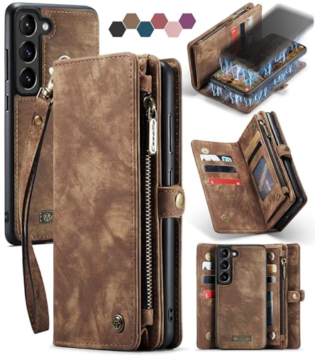 Samsung Galaxy S23 Wallet Case,Zipper Folio Leather Case Wallet with Card Holder Strap Wristlet Detachable Magnetic Protective Back Case for Samsung Galaxy S23 5G 6.1 Inch(Brown) - color: Brown, size: S23 5G 6.1 Inch