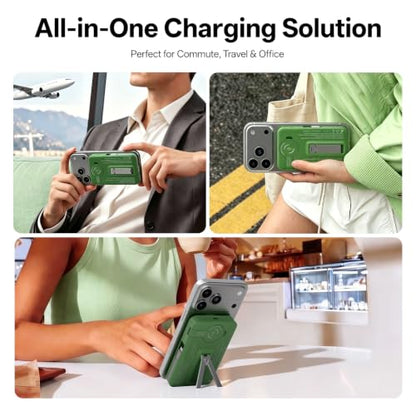 Q Magnetic Wireless Portable Charger 10,000mAh, Travel Essentials Power Bank with Built-in Cables & Foldable Stand, External Battery Pack Compatible with iPhone 17/16/15/14/13/12, Apple Watch - color: Green
