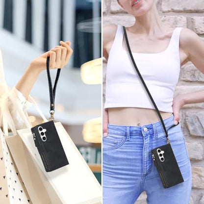 for Samsung Galaxy S24-FE-Wallet Case: with RFID Blocking Card Slots (6 Cards) | Soft PU Leather Magnetic Snap Zipper Pocket | Crossbody Wrist Strap Protective Phone Cover - Black - color: Black, size: Galaxy S24 FE（6.7‘’）