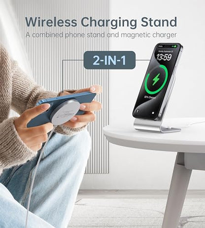 Magnetic Wireless Charger for iPhone Duo/18/17/16/15/14/13/12 - Mag Charger+20W USB C Adapter, Aluminum Fast Wireless Charging Stand/Pad with 5ft USB-C Cable for iPhone 18/17/16/15/14/13/12, Airpod - color: silver